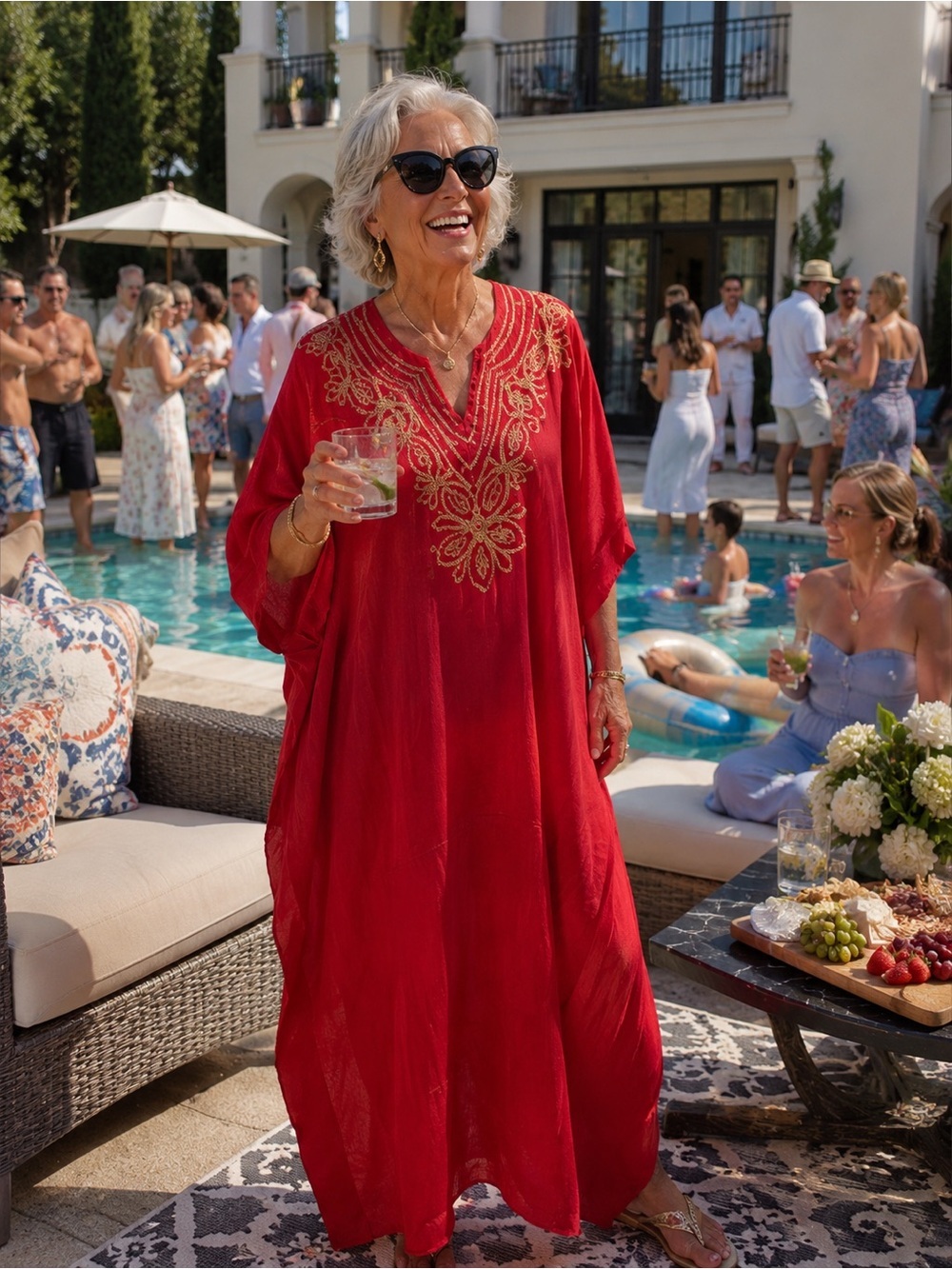 NWT Kaftan “one size fits most”red with gold sequin & embroidery around neckline